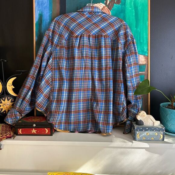 BDG Blue and Orange Boho Plaid Flannel Blouse M - Picture 4 of 15
